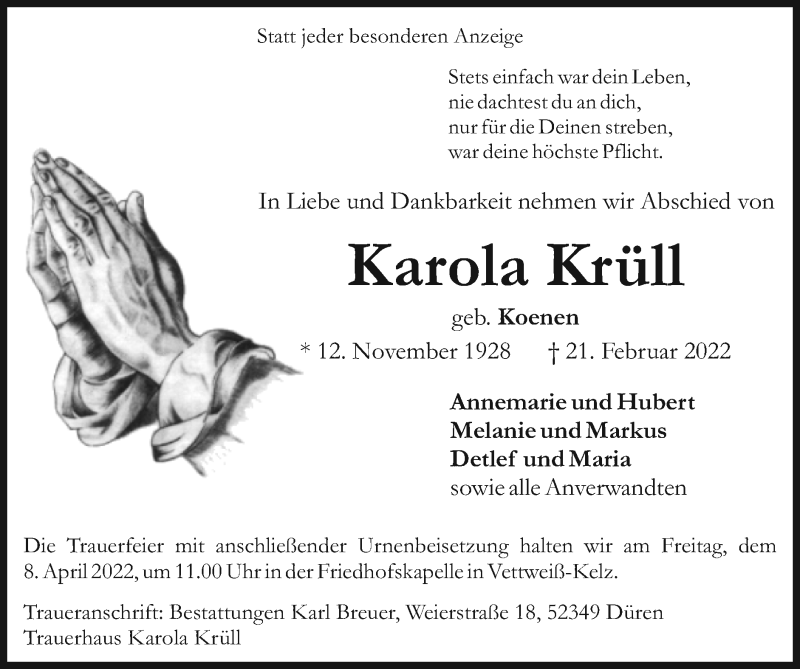  Traueranzeige für Karola Krüll vom 27.03.2022 aus Zeitung am Sonntag