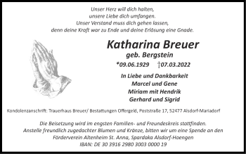 Traueranzeige von Katharina Breuer von Zeitung am Sonntag