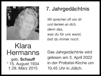 Traueranzeige von Klara Hermanns von Zeitung am Sonntag