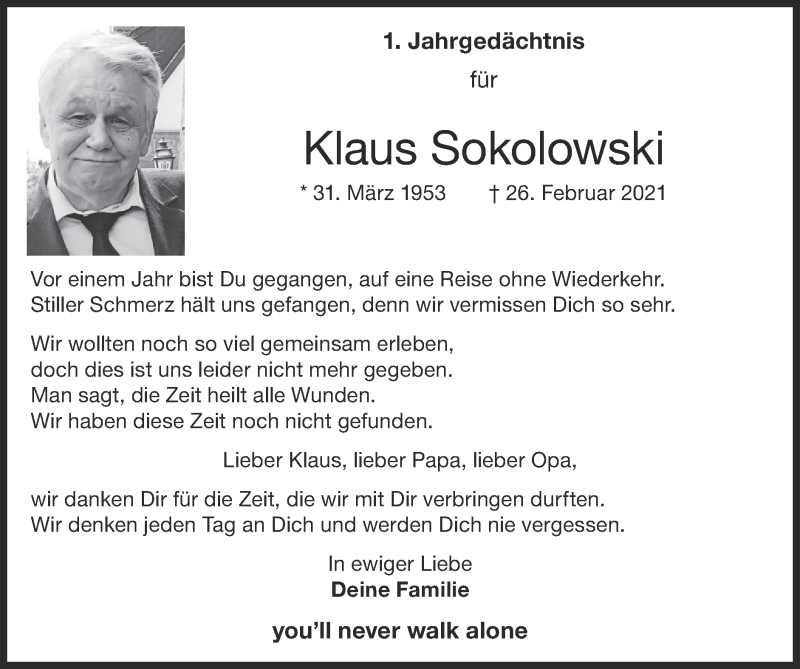  Traueranzeige für Klaus Sokolowski vom 06.03.2022 aus Zeitung am Sonntag