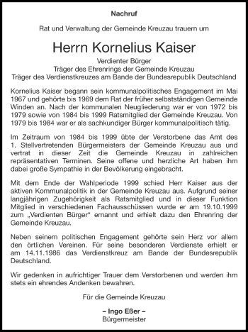 Traueranzeige von Kornelius Kaiser von Zeitung am Sonntag