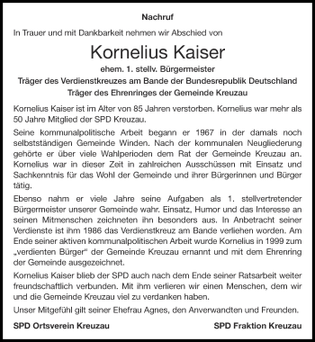 Traueranzeige von Kornelius Kaiser von Zeitung am Sonntag