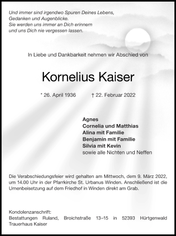Traueranzeige von Kornelius Kaiser von Zeitung am Sonntag