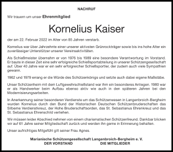 Traueranzeige von Kornelius Kaiser von Zeitung am Sonntag