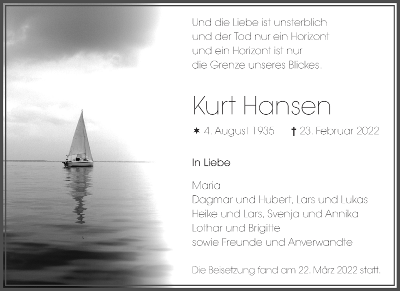  Traueranzeige für Kurt Hansen vom 26.03.2022 aus Aachener Zeitung / Aachener Nachrichten