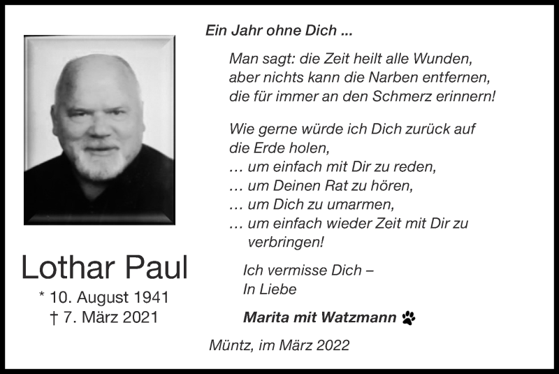  Traueranzeige für Lothar Paul vom 06.03.2022 aus Zeitung am Sonntag