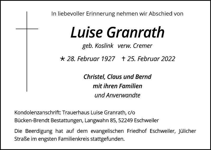  Traueranzeige für Luise Granrath vom 06.03.2022 aus Zeitung am Sonntag