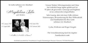 Traueranzeige von Magdalena Jahn von Zeitung am Sonntag