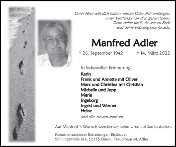 Traueranzeige von Manfred Adler von Zeitung am Sonntag