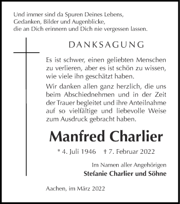 Traueranzeige von Manfred Charlier von Zeitung am Sonntag