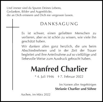 Traueranzeige von Manfred Charlier von Aachener Zeitung / Aachener Nachrichten