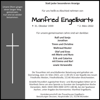 Traueranzeige von Manfred Engelbarts von Zeitung am Sonntag