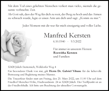Traueranzeige von Manfred Kersten von Zeitung am Sonntag