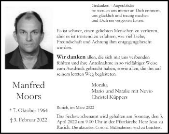 Traueranzeige von Manfred Moors von Zeitung am Sonntag