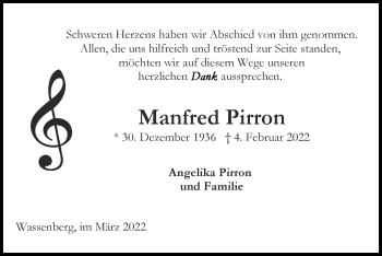 Traueranzeige von Manfred Pirron von Zeitung am Sonntag