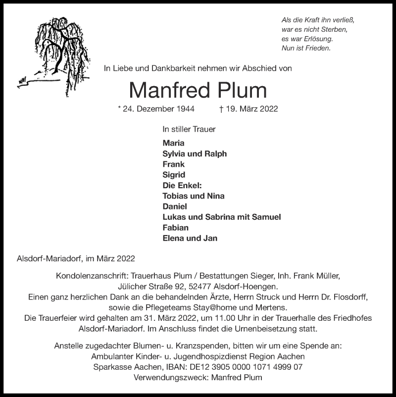  Traueranzeige für Manfred Plum vom 27.03.2022 aus Zeitung am Sonntag