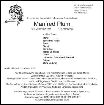 Traueranzeige von Manfred Plum von Zeitung am Sonntag