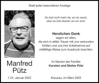 Traueranzeige von Manfred Pütz von Zeitung am Sonntag