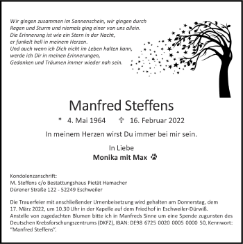 Traueranzeige von Manfred Steffens von Zeitung am Sonntag