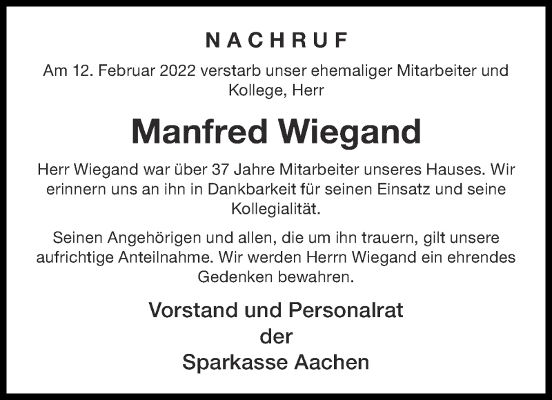  Traueranzeige für Manfred Wiegand vom 12.03.2022 aus Aachener Zeitung / Aachener Nachrichten