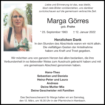 Traueranzeige von Marga Görres von Zeitung am Sonntag