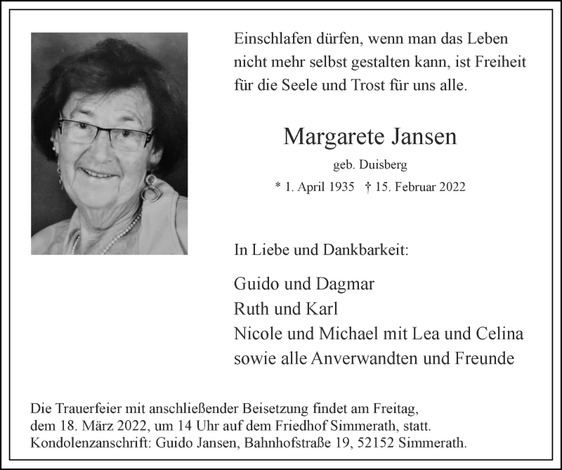  Traueranzeige für Margarete Jansen vom 06.03.2022 aus Zeitung am Sonntag