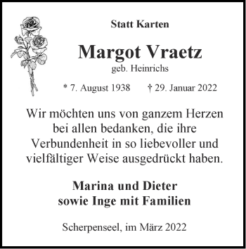 Traueranzeige von Margot Vraetz von Zeitung am Sonntag