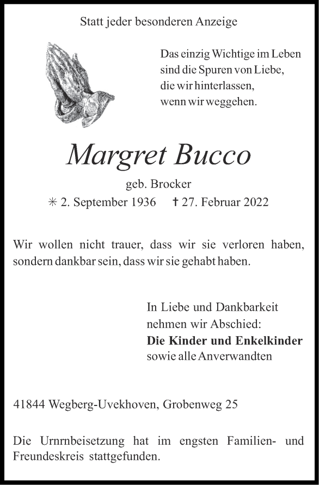  Traueranzeige für Margret Bucco vom 13.03.2022 aus Zeitung am Sonntag