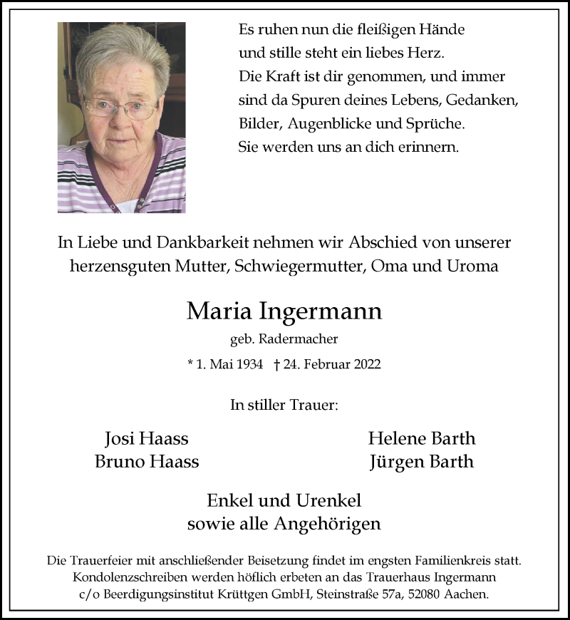  Traueranzeige für Maria Ingermann vom 06.03.2022 aus Zeitung am Sonntag
