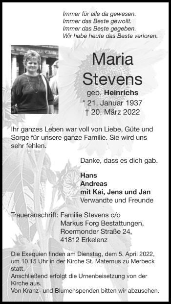 Traueranzeige von Maria Stevens von Zeitung am Sonntag