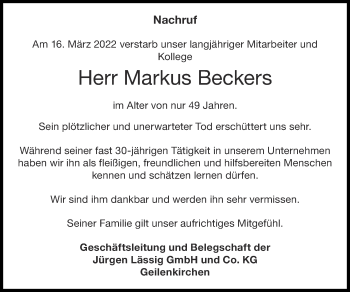 Traueranzeige von Markus Beckers von Zeitung am Sonntag