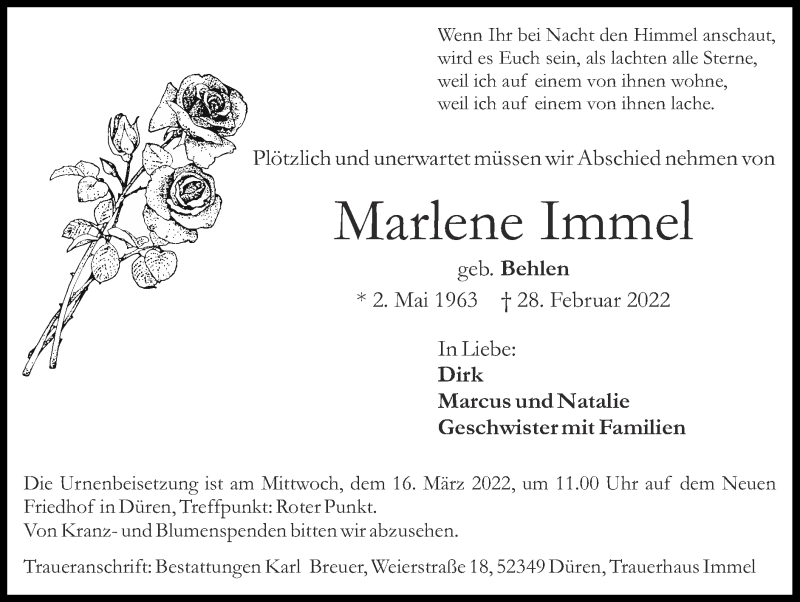  Traueranzeige für Marlene Immel vom 13.03.2022 aus Zeitung am Sonntag
