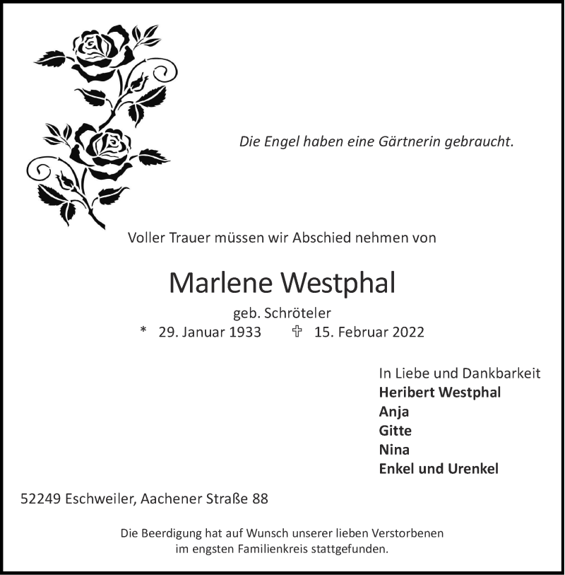  Traueranzeige für Marlene Westphal vom 05.03.2022 aus Aachener Zeitung / Aachener Nachrichten