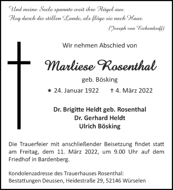 Traueranzeige von Marliese Rosenthal von Aachener Zeitung / Aachener Nachrichten