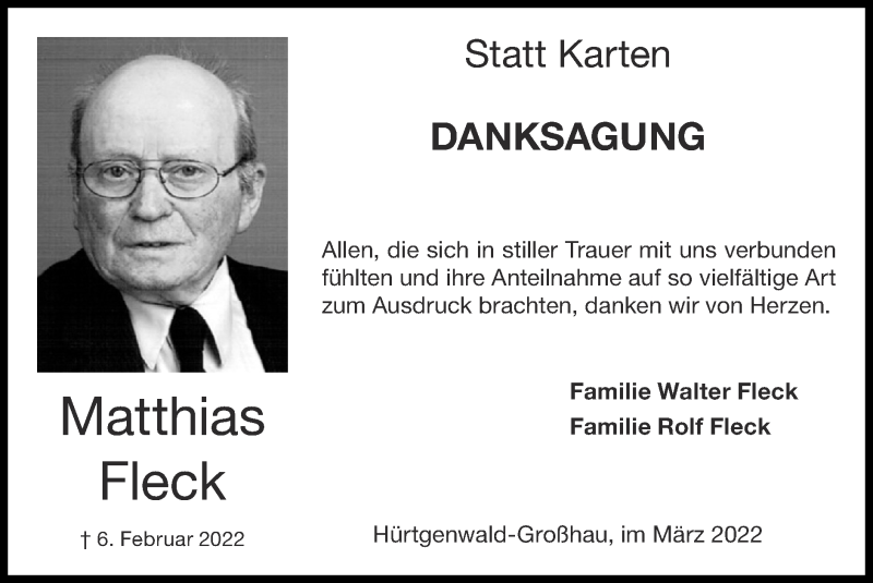  Traueranzeige für Matthias Fleck vom 20.03.2022 aus Zeitung am Sonntag