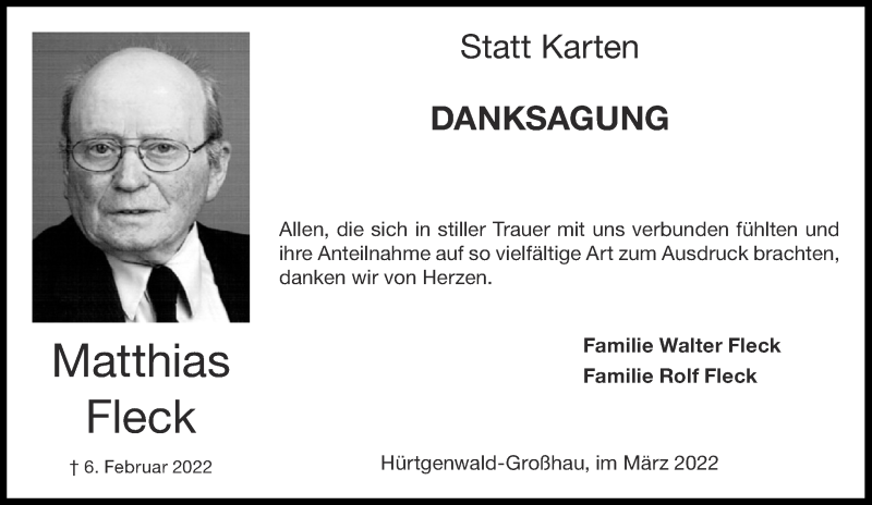  Traueranzeige für Matthias Fleck vom 19.03.2022 aus Aachener Zeitung / Aachener Nachrichten