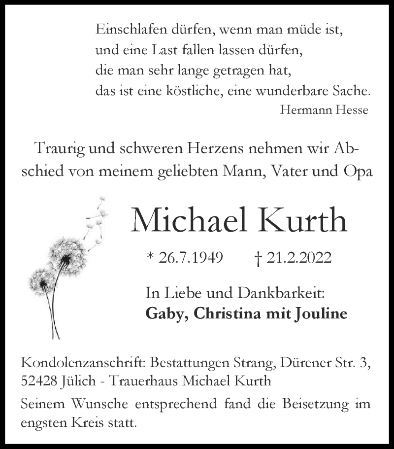  Traueranzeige für Michael Kurth vom 13.03.2022 aus Zeitung am Sonntag