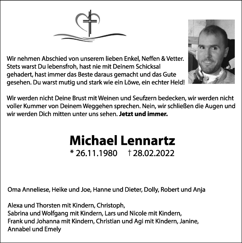  Traueranzeige für Michael Lennartz vom 13.03.2022 aus Zeitung am Sonntag