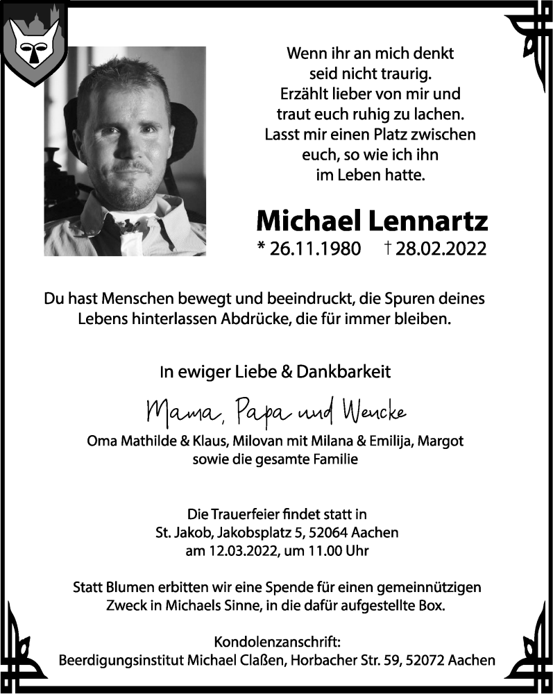  Traueranzeige für Michael Lennartz vom 06.03.2022 aus Zeitung am Sonntag