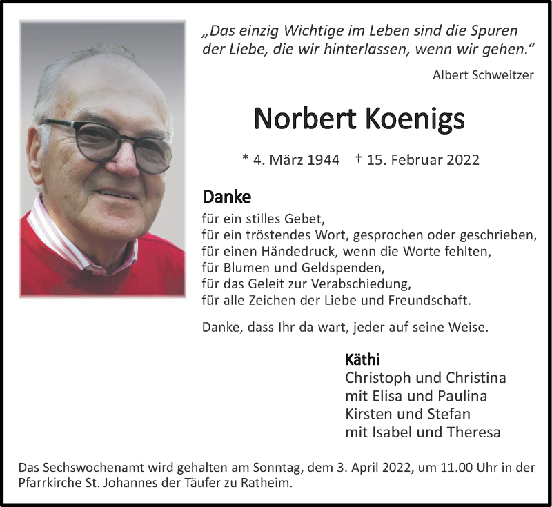  Traueranzeige für Norbert Koenigs vom 27.03.2022 aus Zeitung am Sonntag