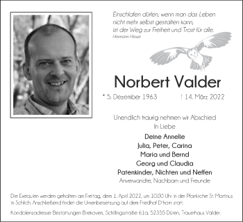 Traueranzeige von Norbert Valder von Zeitung am Sonntag