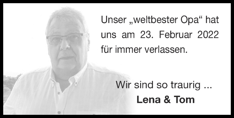  Traueranzeige für Opa  vom 13.03.2022 aus Zeitung am Sonntag