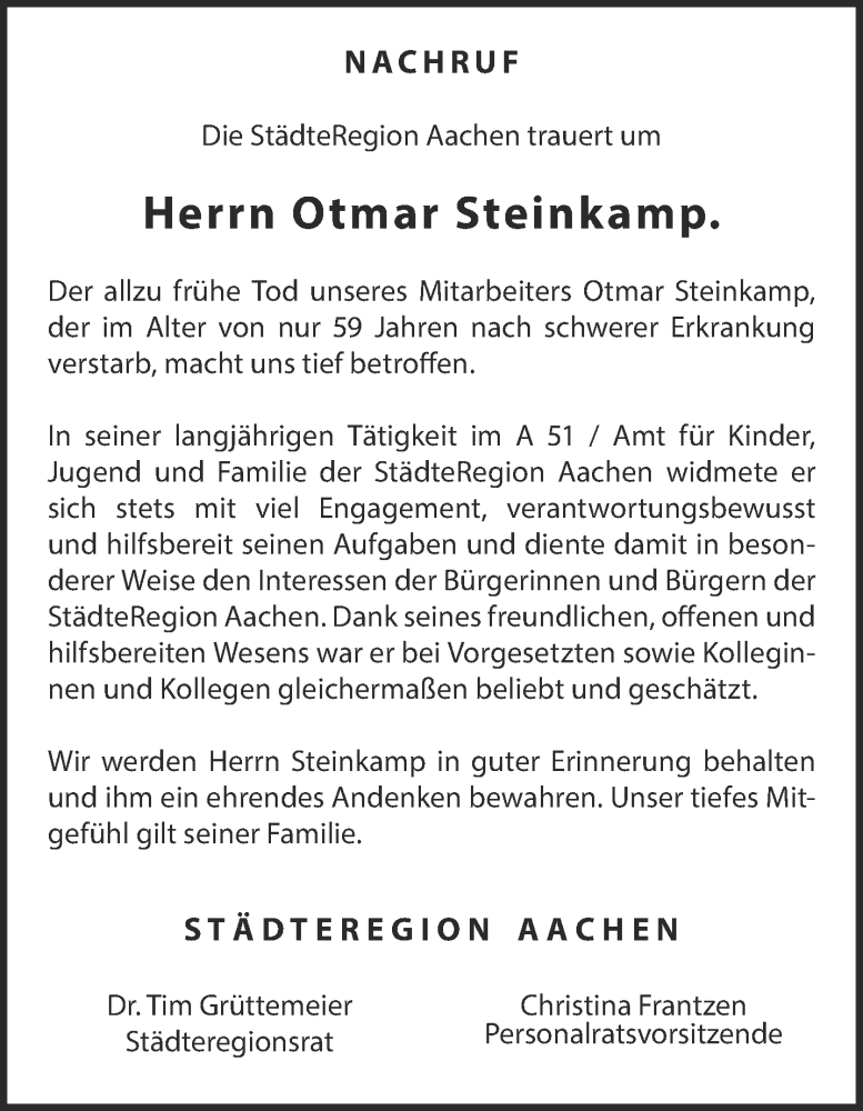  Traueranzeige für Otmar Steinkamp vom 12.03.2022 aus Aachener Zeitung / Aachener Nachrichten