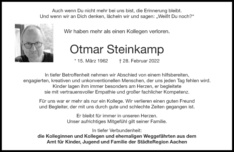  Traueranzeige für Otmar Steinkamp vom 12.03.2022 aus Aachener Zeitung / Aachener Nachrichten