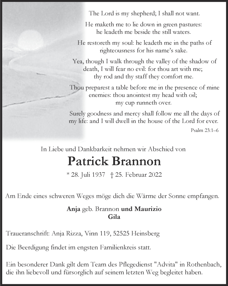  Traueranzeige für Patrick Brannon vom 06.03.2022 aus Zeitung am Sonntag