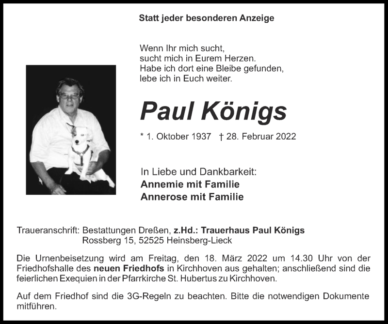  Traueranzeige für Paul Königs vom 06.03.2022 aus Zeitung am Sonntag