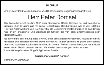 Traueranzeige von Peter Domsel von Zeitung am Sonntag