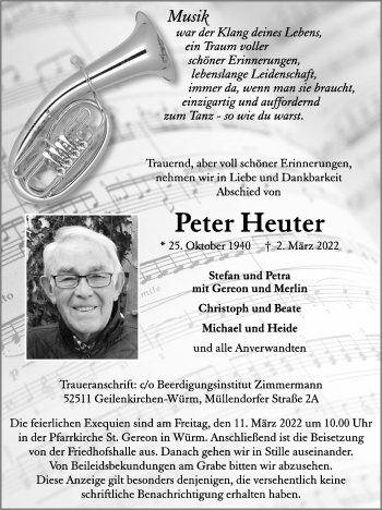 Traueranzeige von Peter Heuter von Zeitung am Sonntag