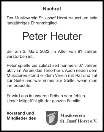 Traueranzeige von Peter Heuter von Zeitung am Sonntag