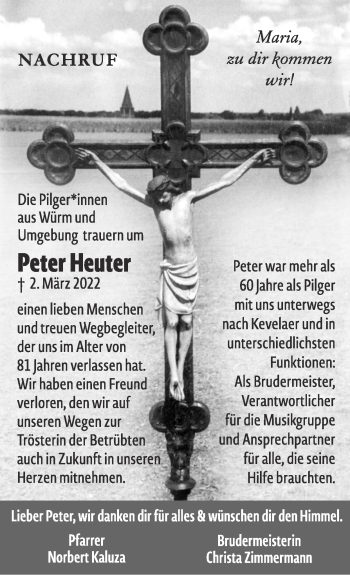 Traueranzeige von Peter Heuter von Zeitung am Sonntag